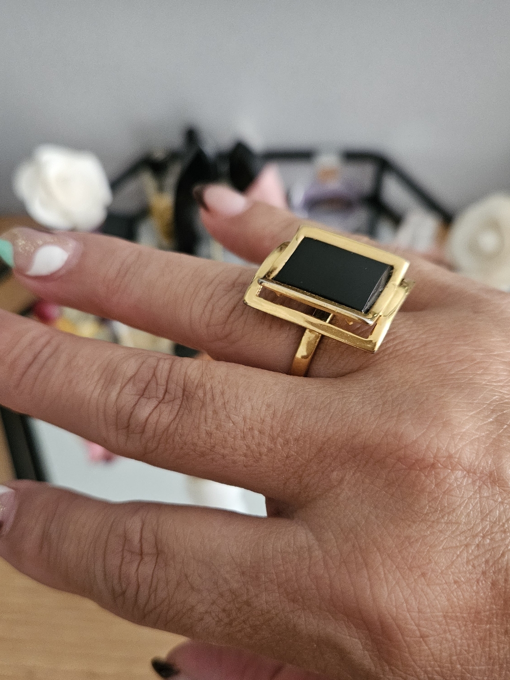 Vintage Ring with Black Rectangular Stone